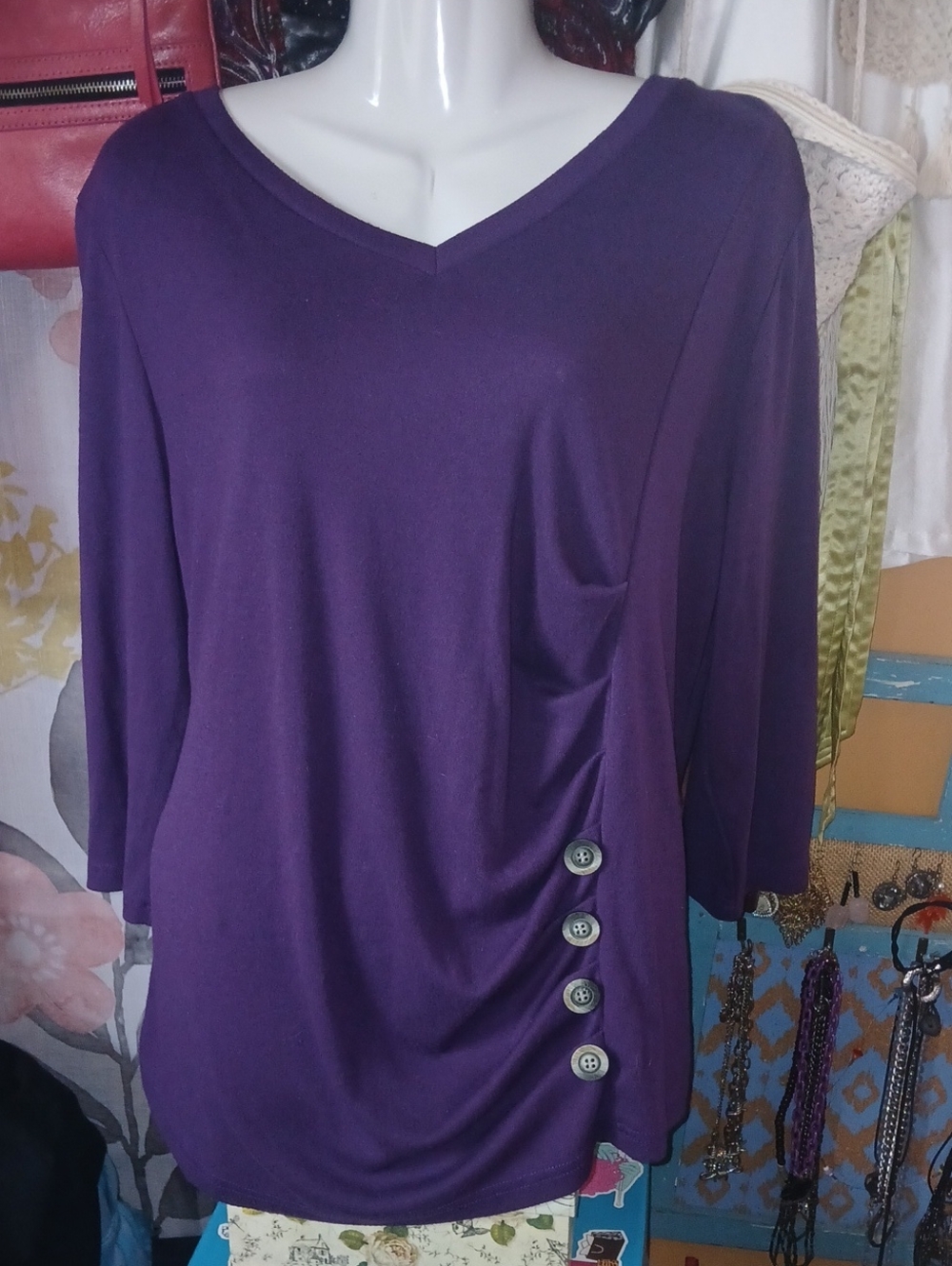 Allegra K Purple V-Neck Long Sleeve Tunic with Side Buttons